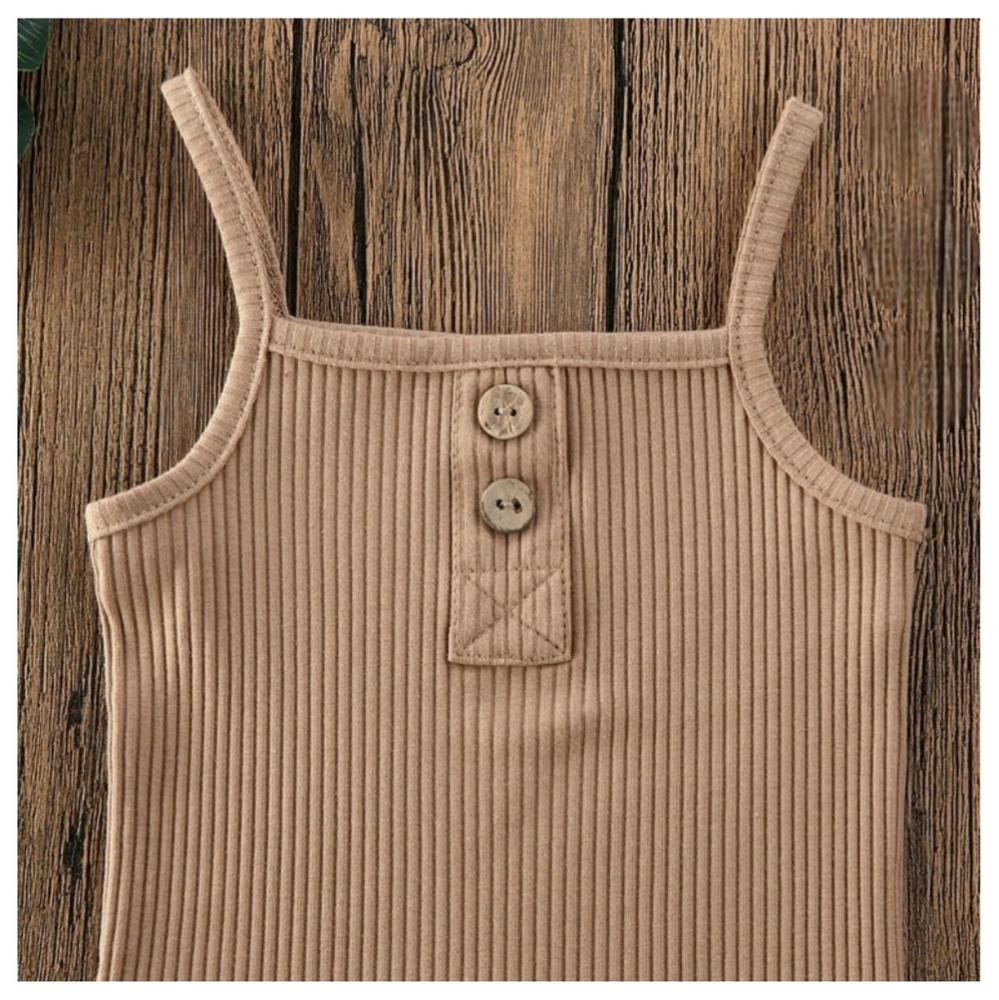Baby Girl Boy Ribbed Two-Piece Set Khaki Bodysuit Ruffle Bloomer Neutral Outfit - Picture 3 of 4
